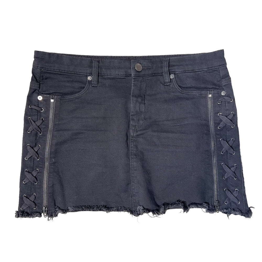 Blank‎ NYC Womens 29 Black Denim Mini Skirt Raw Hem Side Lace Zip Y2K Indie Alt